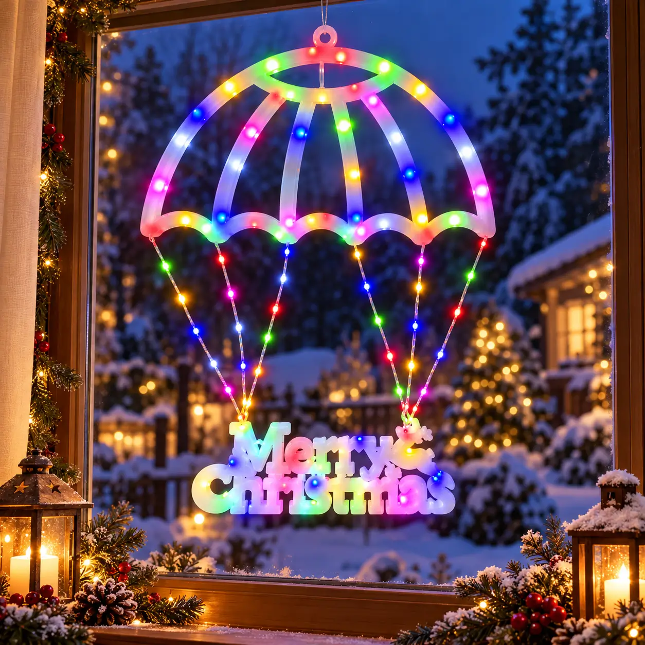 Mesaj Merry Christmas iluminat multicolor, de 35 x 12 cm, suspendat sub umbrela LED