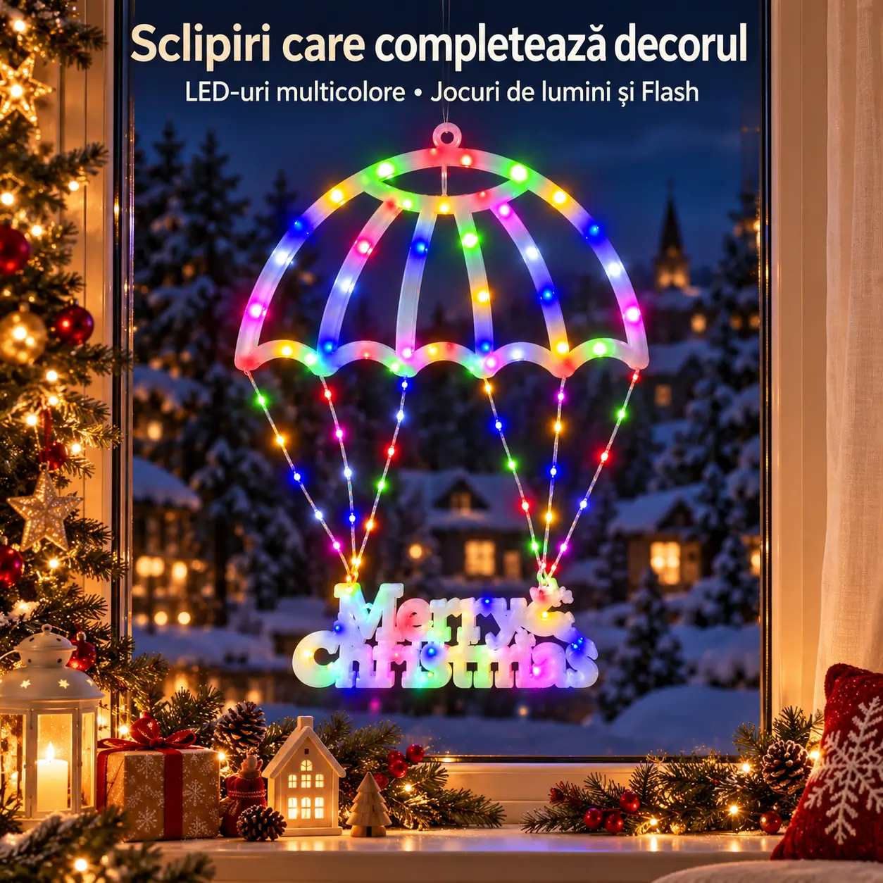 Instalatie LED Umbrela Merry Christmas multicolora, cu jocuri de lumini si efect Flash