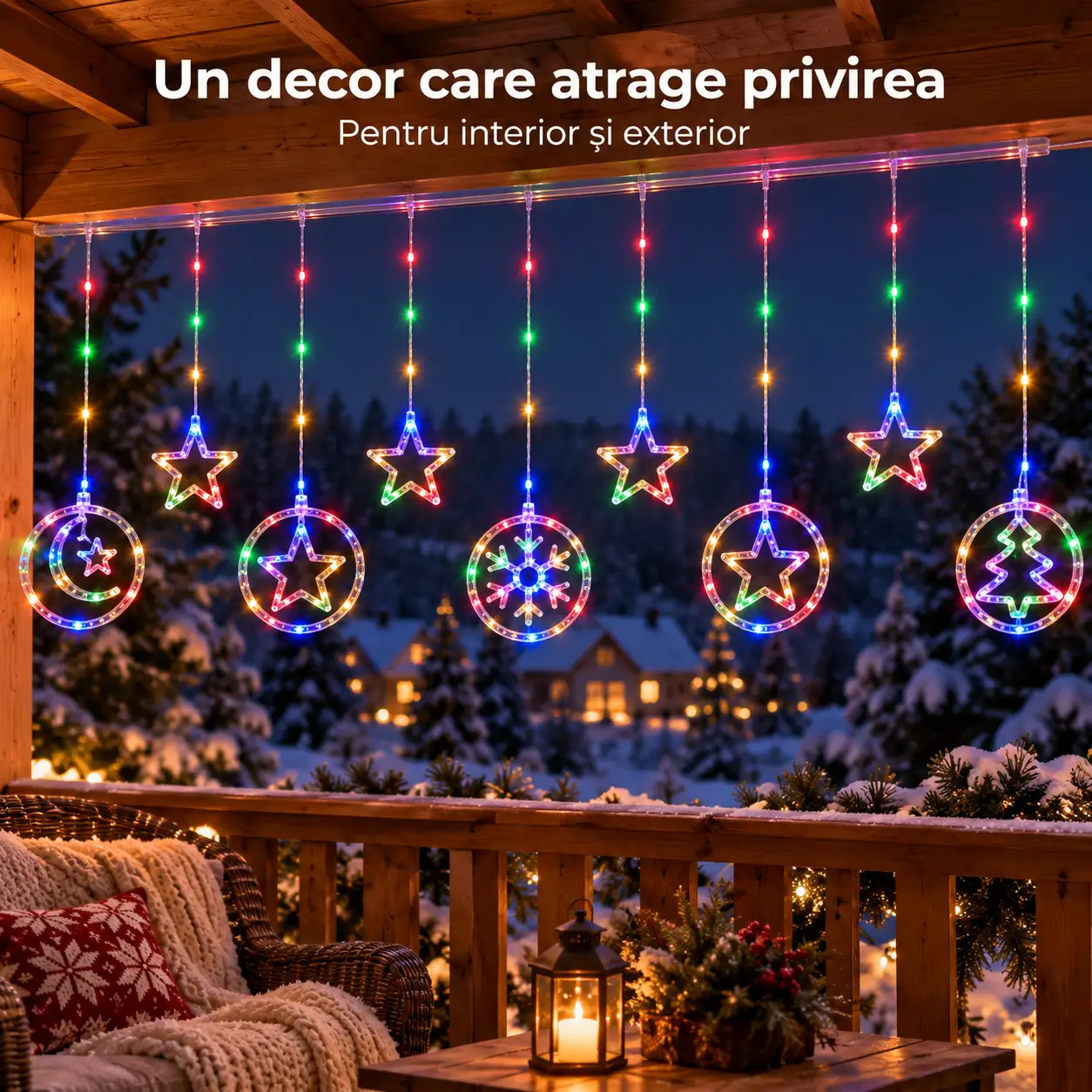 Perdea LED multicolora cu stele si ornamente decorative montata pe un balcon acoperit, in decor de iarna