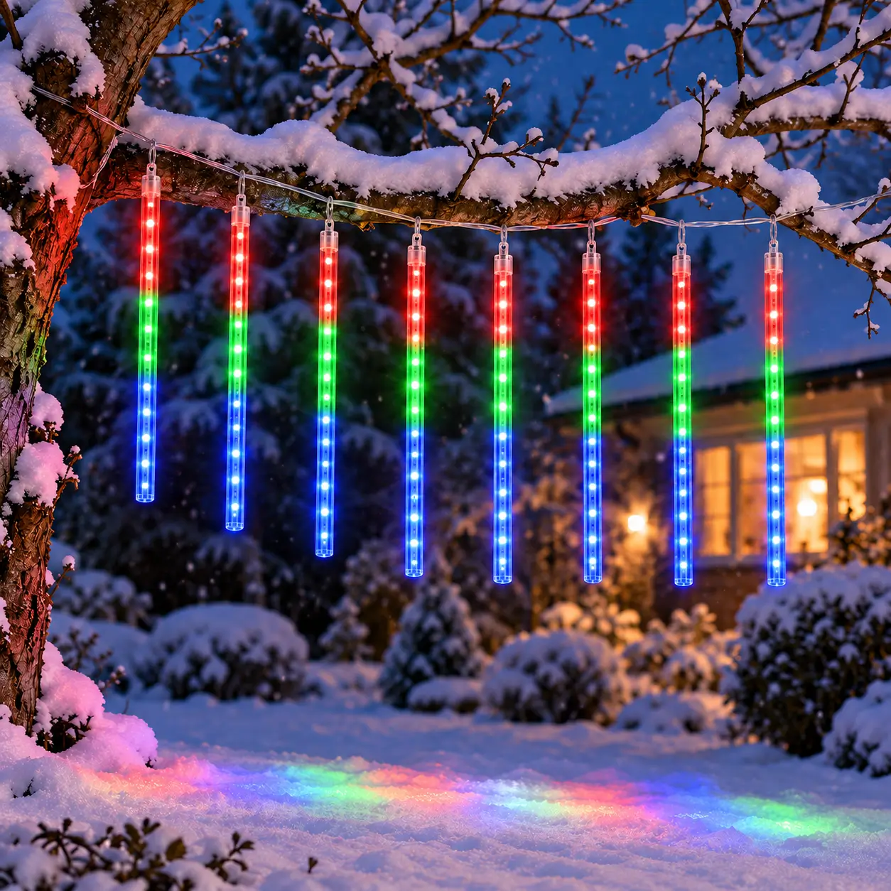 Instalatie LED multicolora tip ploaie de meteoriti intr-un decor de iarna