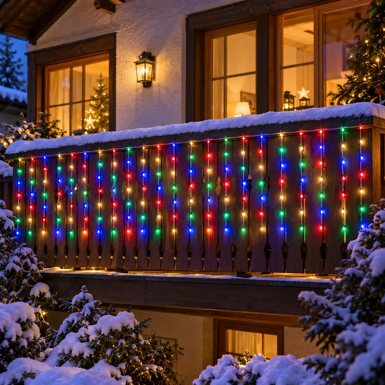 Perdea luminoasa LED multicolora intr-un decor de Craciun