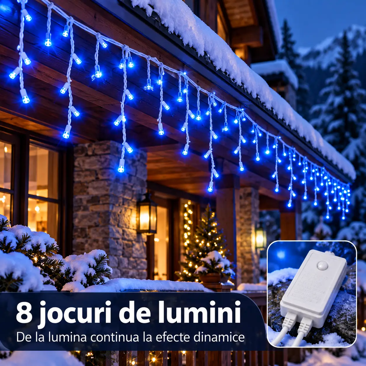 Franjuri LED albastri pe terasa unei case si detaliu al controlerului pentru cele 8 jocuri de lumini