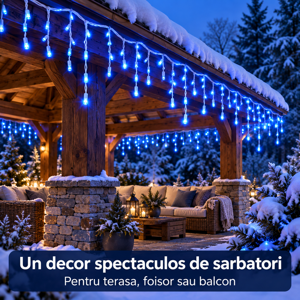 Foisor in gradina acoperita de zapada, decorat cu franjuri LED albastri pentru exterior