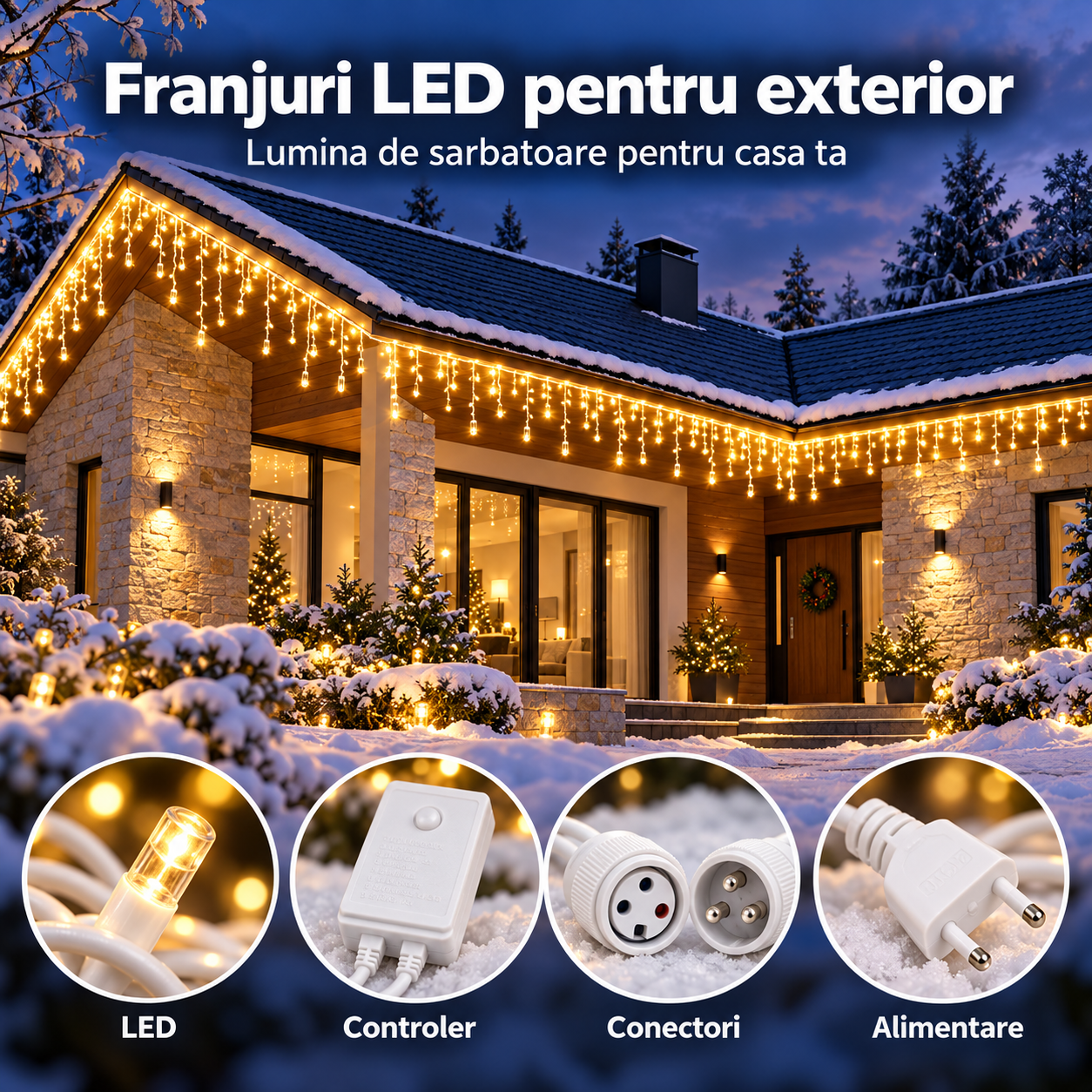 Instalatie LED alb cald cu franjuri montata pe streasina unei case, in decor de iarna