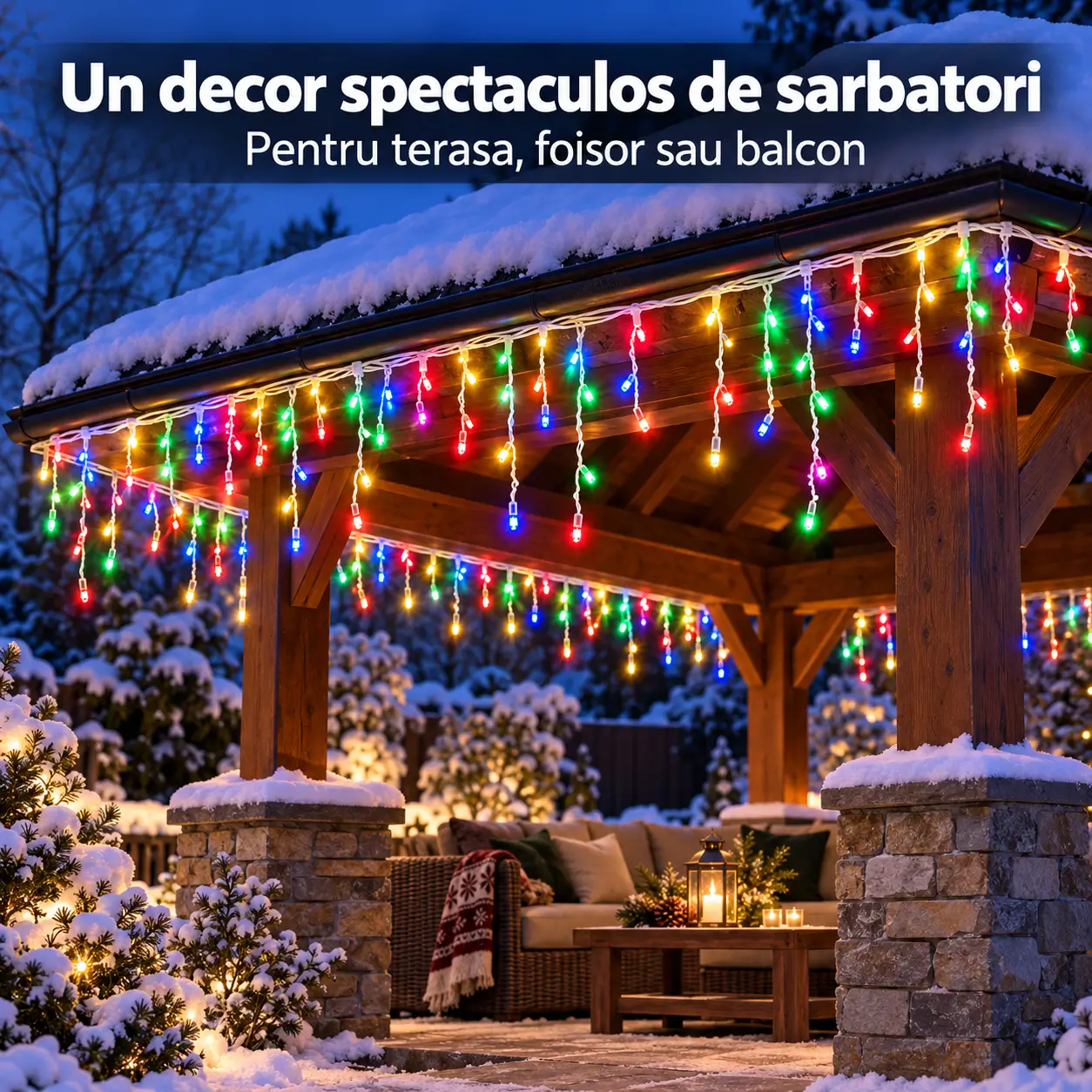 Foisor in gradina acoperita de zapada, decorat cu franjuri LED multicolori pentru exterior