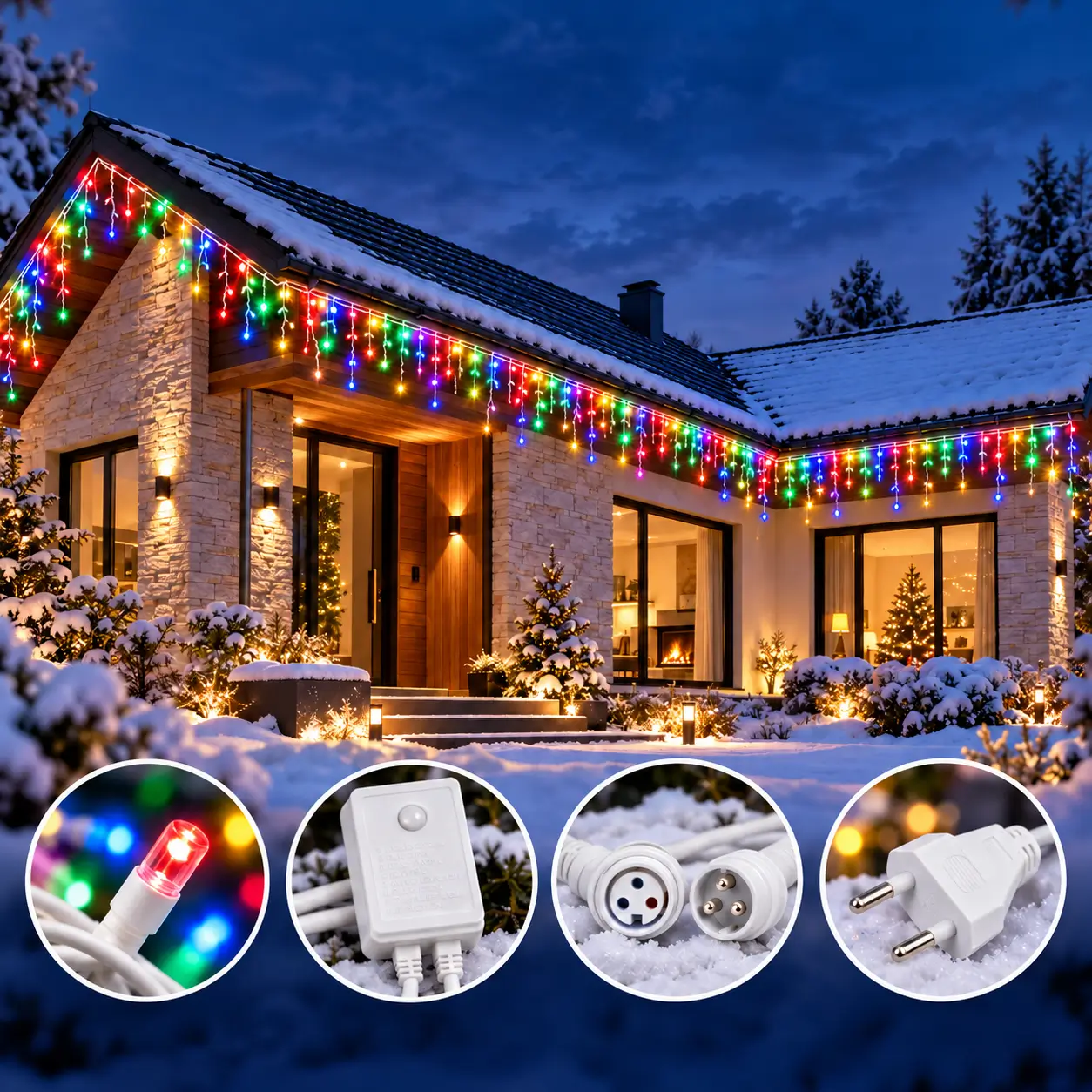 Instalatie LED multicolora cu franjuri montata pe streasina unei case, in decor de iarna