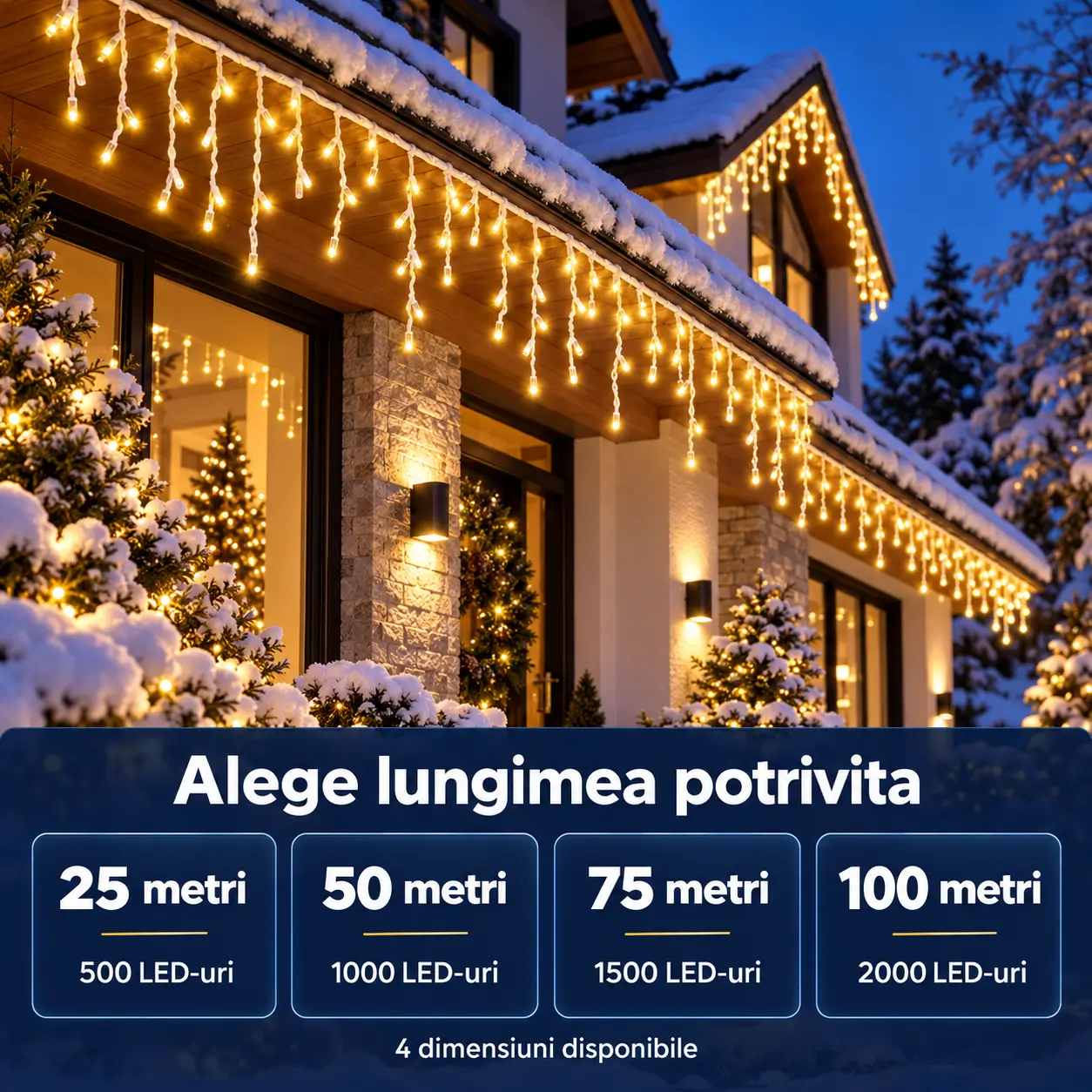 Dimensiuni instalatie franjuri LED alb cald: 25 m 500 LED, 50 m 1000 LED, 75 m 1500 LED, 100 m 2000 LED