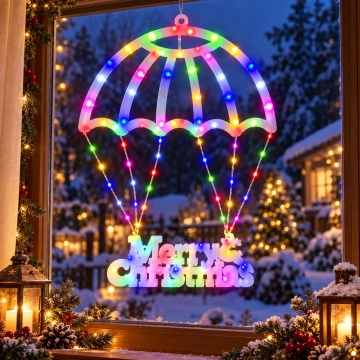 Instalație Decorativă LED Umbrelă Merry Christmas 69 × 50 cm, Multicoloră, cu Jocuri de Lumini și Efect Flash