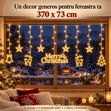 Instalatie LED Perdea de Craciun 370x73 cm, 9 Decoratiuni Merry Christmas, Alb Cald, Jocuri de Lumini si Flash, Interconectabila - Img 5
