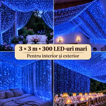 Instalație LED tip perdea 3x3 m cu 300 LED-uri albastre, pentru decor interior și exterior 💡