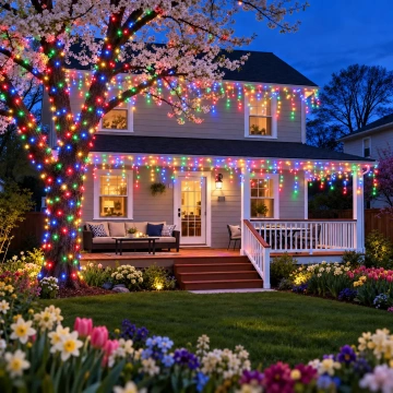 Instalație LED tip turturi multicolor iluminând casa și grădina pentru un decor festiv vibrant 🌈