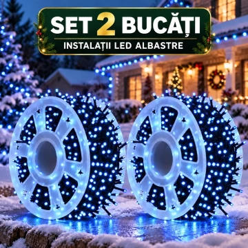 Set 2 instalatii luminoase LED albastre tip rola, 2 x 50 m sau 2 x 100 m, 8 moduri de iluminare, pentru decor de Craciun