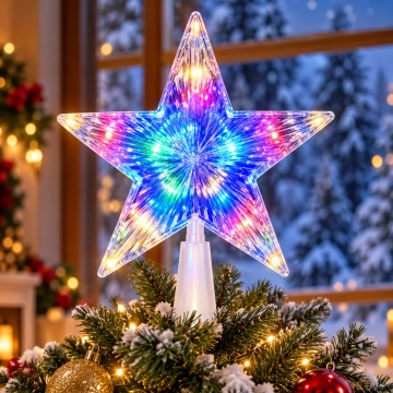 Stea LED Multicolora pentru Varf de Brad, 19 cm, Corp Transparent, 5 Colturi, Suport de Montare si Alimentare la Priza