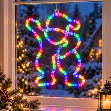 Decorațiune LED Moș Crăciun 44 × 36 cm, Multicoloră, cu Jocuri de Lumini și Efect Flash, Alimentare la Priză