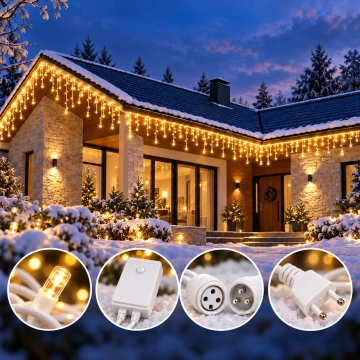Instalatie LED de Craciun Exterior Alb Cald, Franjuri / Turturi, 25 / 50 / 75 / 100 m, 500–2000 LED-uri, 8 Jocuri de Lumini