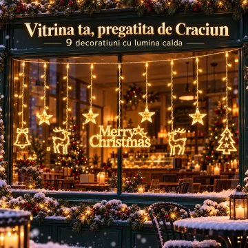 Instalatie LED Perdea de Craciun 370x73 cm, 9 Decoratiuni Merry Christmas, Alb Cald, Jocuri de Lumini si Flash, Interconectabila - Img 2