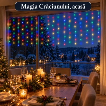 Instalație LED tip perdea multicoloră pentru decor festiv de Crăciun 🌈