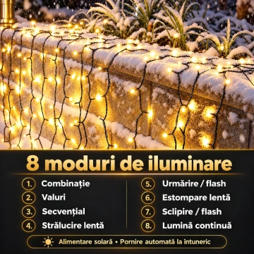 Instalație solară LED alb cald, 10–100 m, 100–1000 LED-uri, 8 moduri de iluminare - Img 3