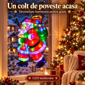 Decoratiune LED Mos Craciun 3D pentru Geam si Vitrina, 45x23 cm, Lumina Multicolora, Alimentare la Priza - Img 5