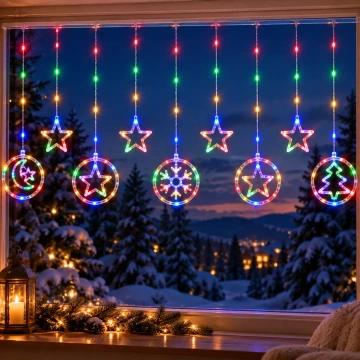 Instalație de Crăciun LED Perdea 4 m, Multicoloră, cu Stele și Ornamente, Fir Transparent, Conectabilă, Interior și Exterior - Img 4