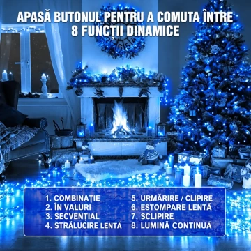 Instalație LED albastră cu 8 moduri dinamice pentru decor festiv interior și exterior 🎄
