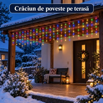 Instalație LED tip perdea multicoloră, decor perfect pentru terasa de Crăciun✨