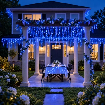 Instalație LED tip turturi albaștri decorativi pentru exterior, iluminare vibrantă și atmosferă festivă 🌟