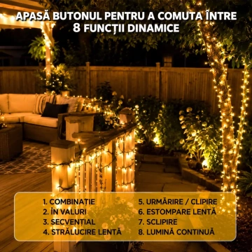 Instalație LED alb cald cu 8 moduri dinamice pentru decor exterior 🌟