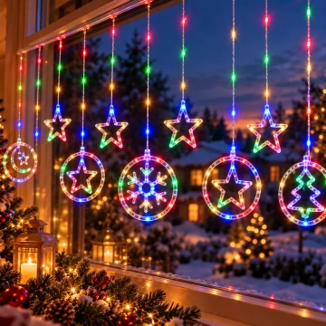 Instalație de Crăciun LED Perdea 4 m, Multicoloră, cu Stele și Ornamente, Fir Transparent, Conectabilă, Interior și Exterior - Img 1