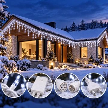 Instalatie LED de Craciun Exterior Alb Rece, Franjuri / Turturi, 25 / 50 / 75 / 100 m, 500–2000 LED-uri, 8 Jocuri de Lumini