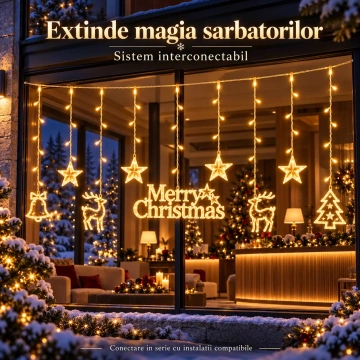 Instalatie LED Perdea de Craciun 370x73 cm, 9 Decoratiuni Merry Christmas, Alb Cald, Jocuri de Lumini si Flash, Interconectabila - Img 6