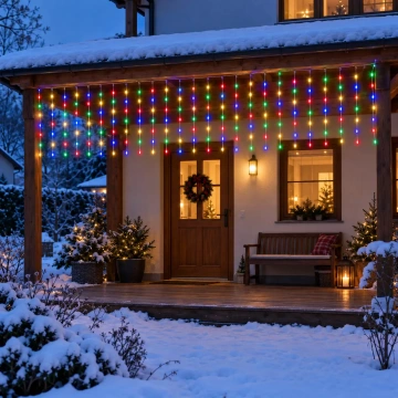 Instalație LED tip perdea multicoloră, perfectă pentru decor exterior de Crăciun 🎄