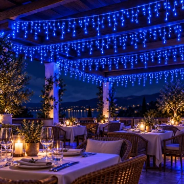 Instalație LED tip turturi albastri, decor iluminat exterior elegant și modern pentru terase și grădini. 💡