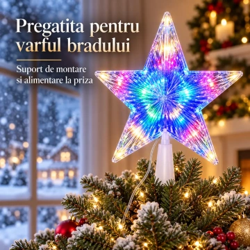 Stea LED Multicolora pentru Varf de Brad, 19 cm, Corp Transparent, 5 Colturi, Suport de Montare si Alimentare la Priza - Img 2