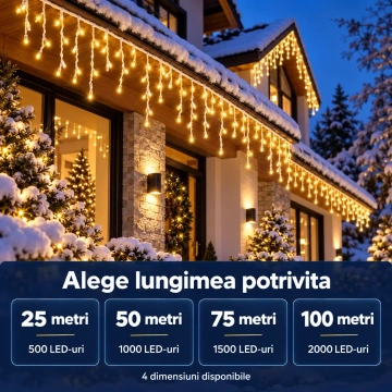 Instalatie LED de Craciun Exterior Alb Cald, Franjuri / Turturi, 25 / 50 / 75 / 100 m, 500–2000 LED-uri, 8 Jocuri de Lumini - Img 2