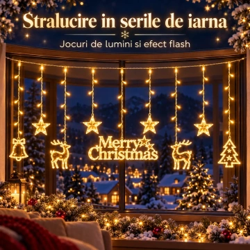 Instalatie LED Perdea de Craciun 370x73 cm, 9 Decoratiuni Merry Christmas, Alb Cald, Jocuri de Lumini si Flash, Interconectabila - Img 3