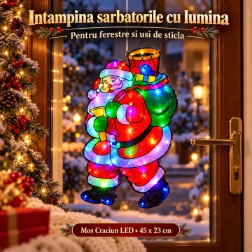 Decoratiune LED Mos Craciun 3D pentru Geam si Vitrina, 45x23 cm, Lumina Multicolora, Alimentare la Priza - Img 6