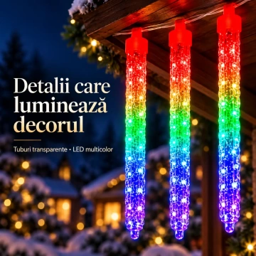Instalație Decorativă LED 10 m cu Tuburi Tip Țurțuri, Lumină Multicoloră și Cablu Alimentator Inclus, pentru Interior și Exterior - Img 5