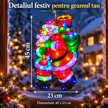 Decoratiune LED Mos Craciun 3D pentru Geam si Vitrina, 45x23 cm, Lumina Multicolora, Alimentare la Priza - Img 3