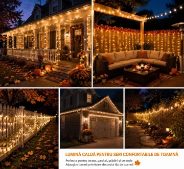 Instalație LED alb cald pentru decor exterior toamnă, efect luminos cozy 🍂