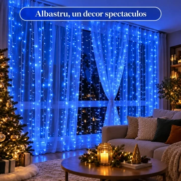 Instalație LED perdea albastră 3x3m cu 8 moduri, ideală pentru decor interior și exterior✨