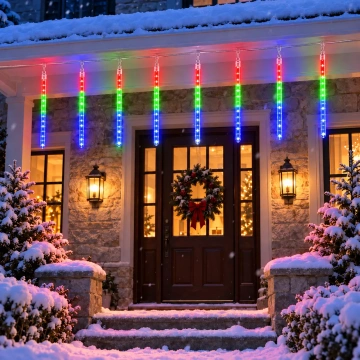 Instalație LED multicoloră tip ploaie de meteoriți, decor festiv exterior 🎄