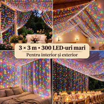 Instalație LED perdea 3x3 m, 300 LED-uri multicolor, pentru decor interior și exterior ✨