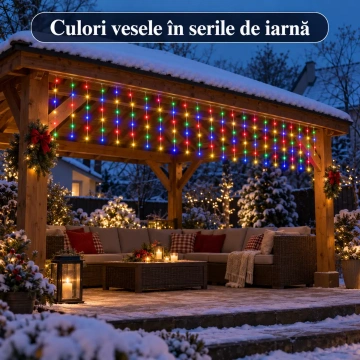 Instalație LED tip perdea multicoloră pentru decor exterior de iarnă ❄️