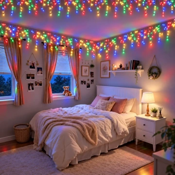 Instalație LED tip turturi multicoloră, decor festiv cald și primitor în dormitor 🌈