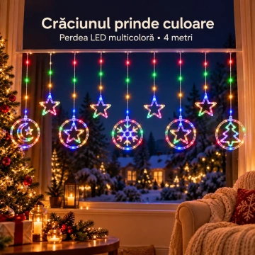 Instalație de Crăciun LED Perdea 4 m, Multicoloră, cu Stele și Ornamente, Fir Transparent, Conectabilă, Interior și Exterior - Img 6
