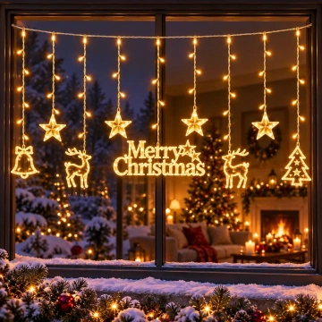 Instalatie LED Perdea de Craciun 370x73 cm, 9 Decoratiuni Merry Christmas, Alb Cald, Jocuri de Lumini si Flash, Interconectabila