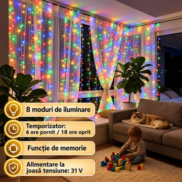 Instalație LED perdea multicoloră 3x3 m, 8 moduri, temporizator și funcție memorie pentru decor interior/exterior 🌈