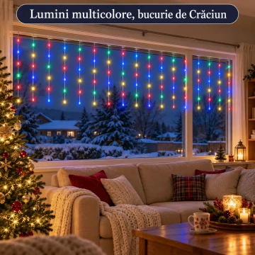 Instalație LED tip perdea multicoloră pentru ferestre, atmosferă de Crăciun 🎄