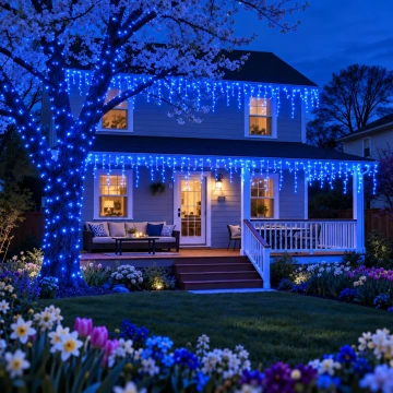 Instalație LED tip turturi albastră iluminând terasa și copacul din grădină, ambient festiv exterior 🎄